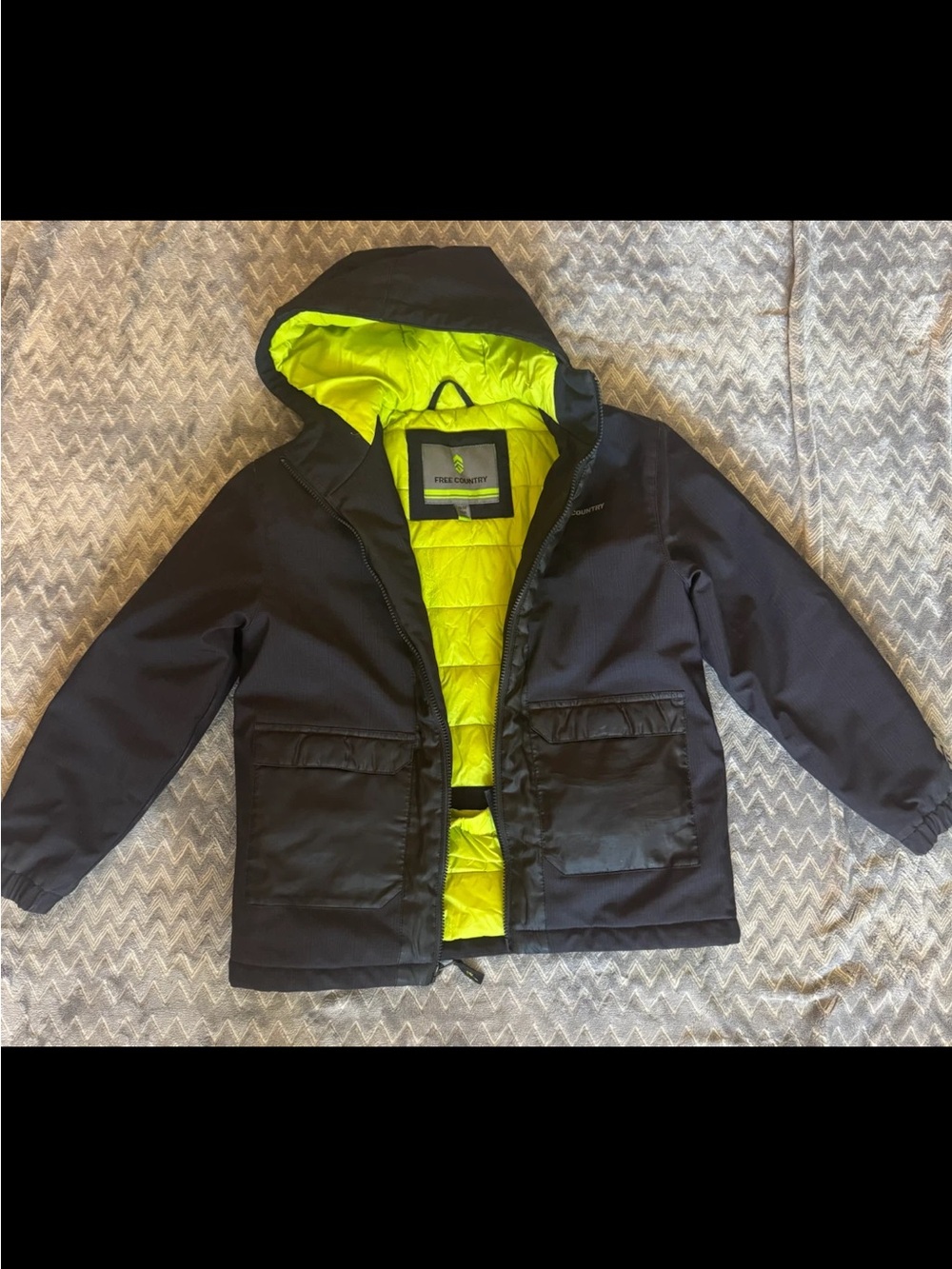 Free Country Kids Hooded Puffer Jacket - Black with Neon Yellow Lining